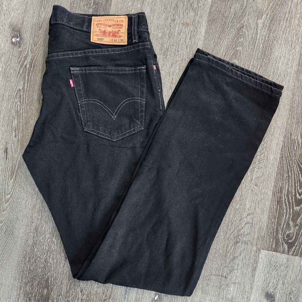 Levis 505 Regular Fit Black Denim Jeans Mens 34x36 Straight Leg Pants